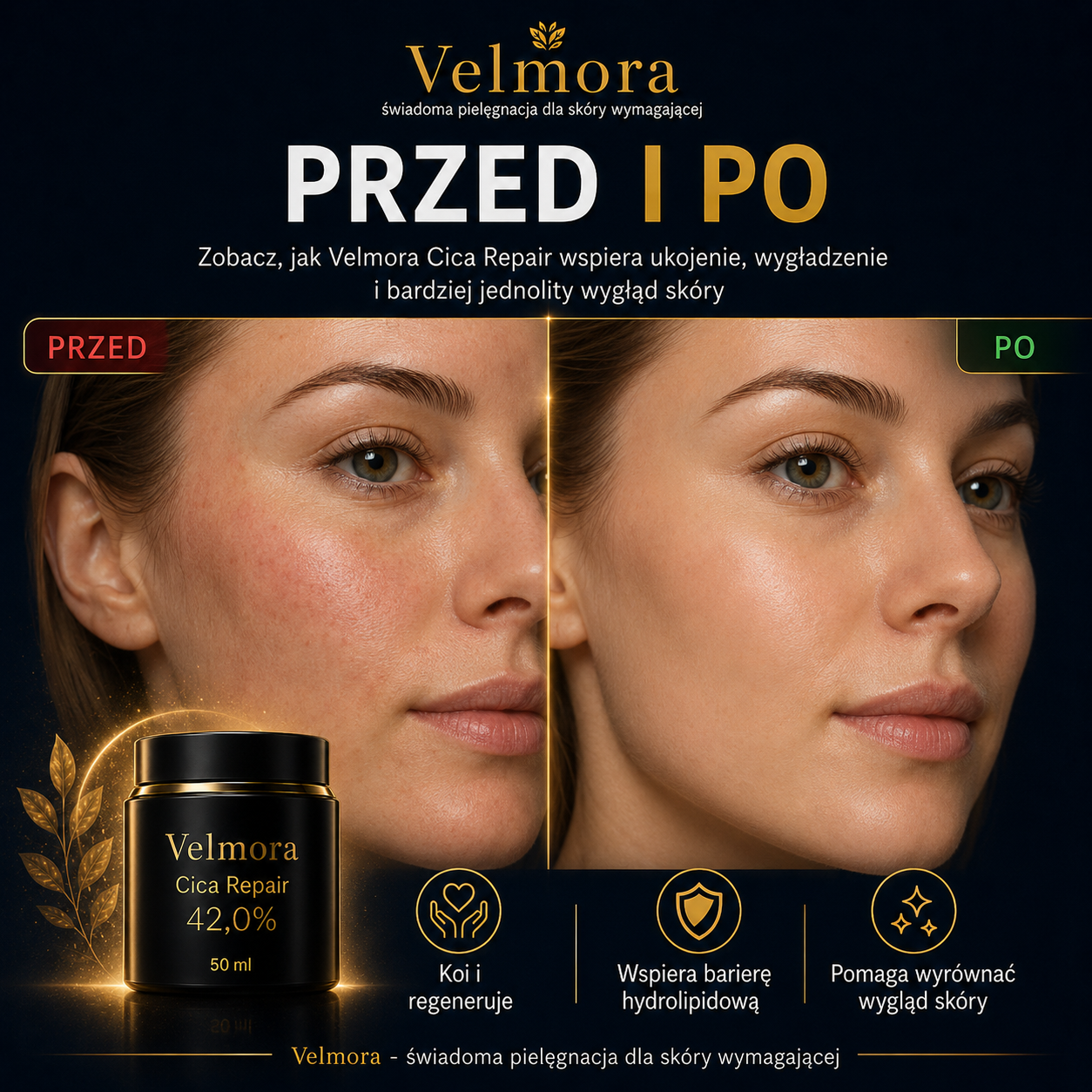 Velmora Przed i Po - efekt na skórze
